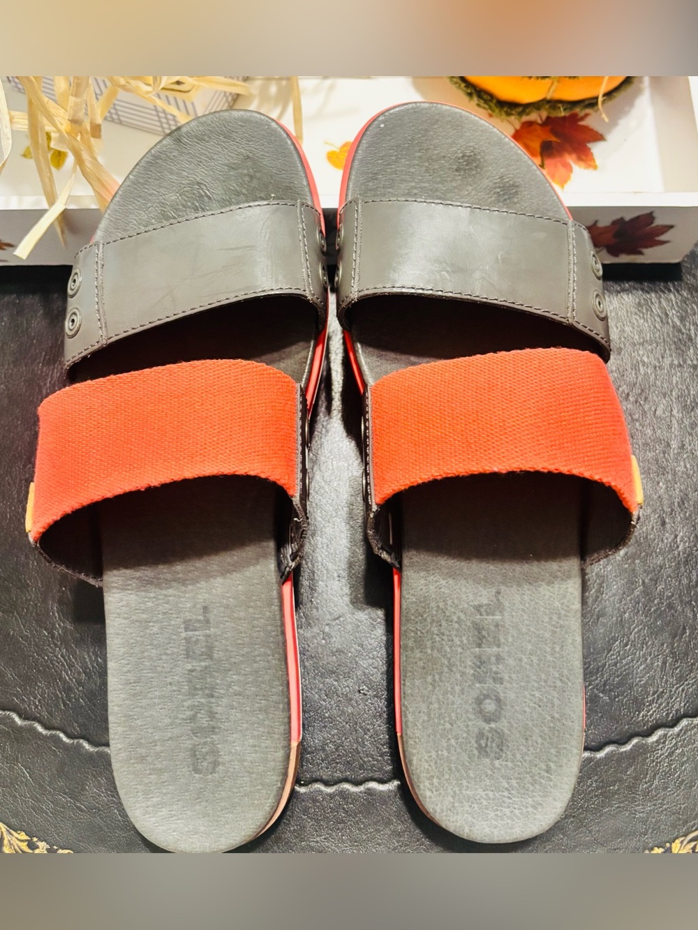 Sorel Gray and Red with tan accent Women's Slide Sandals